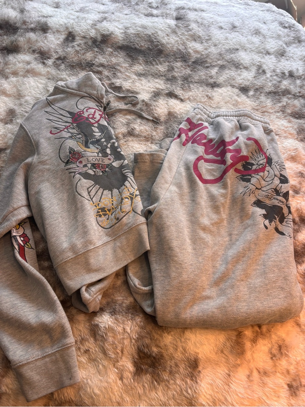 Ed Hardy Grey Wide Leg Pants with Pink and Black Graphics and matching jacket